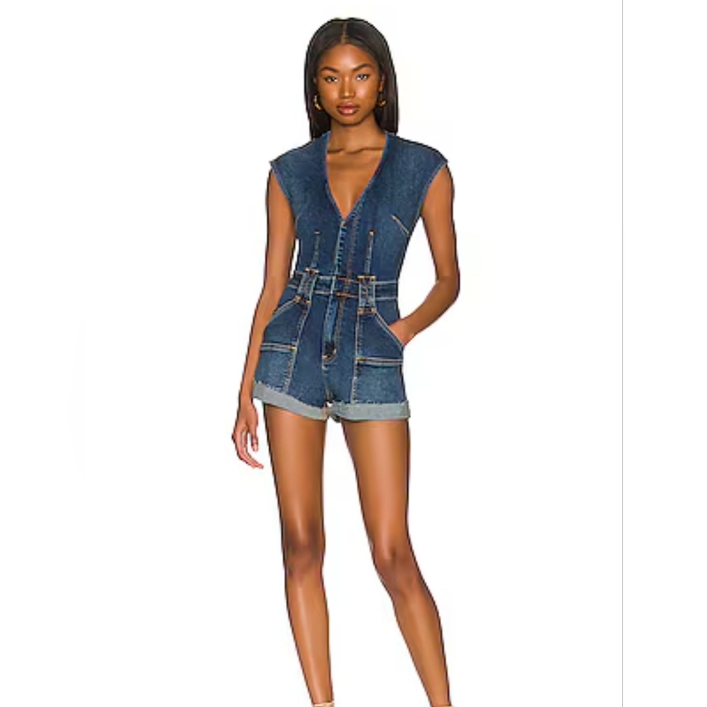 Free People x REVOLVE CRVY Lolita Stretch Denim Playsuit in Indigo Size 4